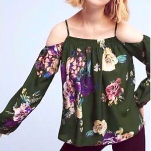 Anthropologie Maeve Tallie Green Silk Floral Open Shoulder Top, XS (B3)